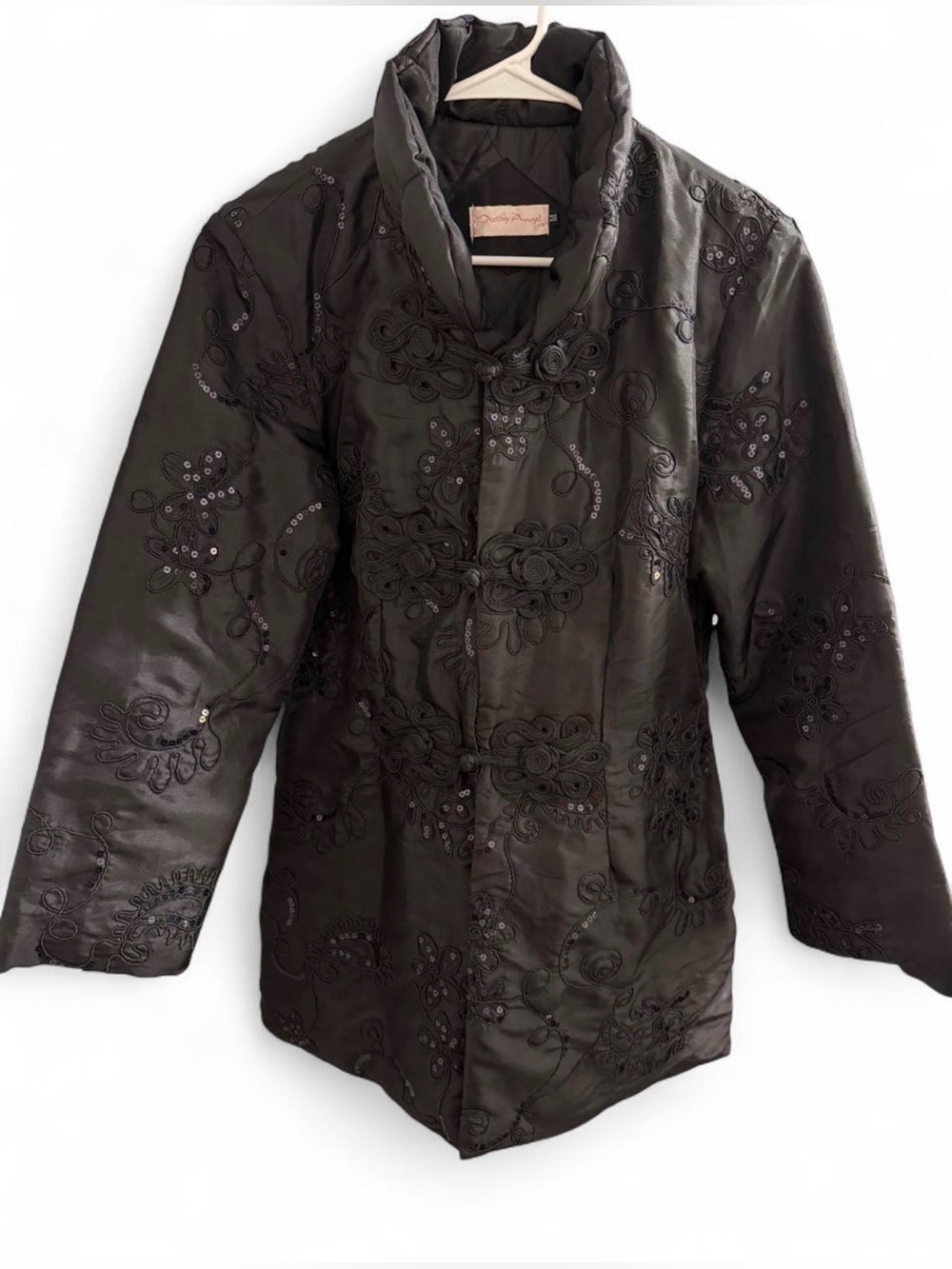 Pretty Angel Womens Medium Black Embroidered Frog Closure Sequin Quilted Jacket